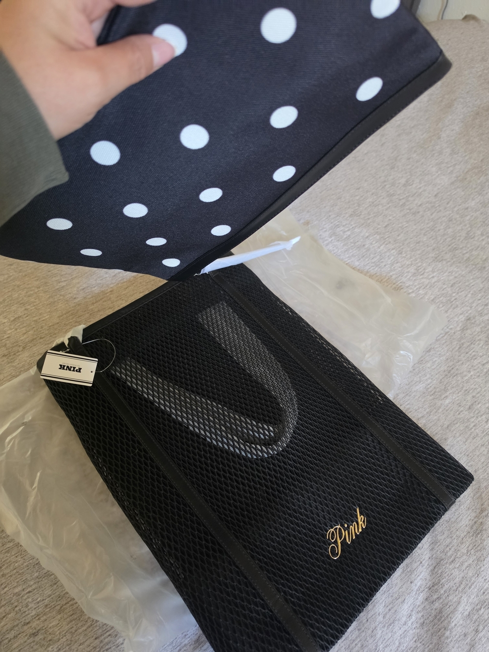 PINK Victoria's Secret Black Mesh Tote Bag with Gold Script Logo